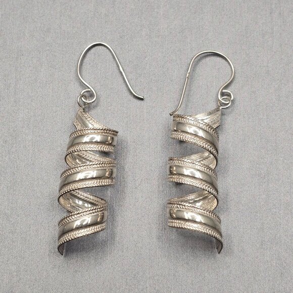VTG Sterling Silver 925 Spiral Dangle Earrings 1.75" Etched 3.73g - Picture 2 of 6